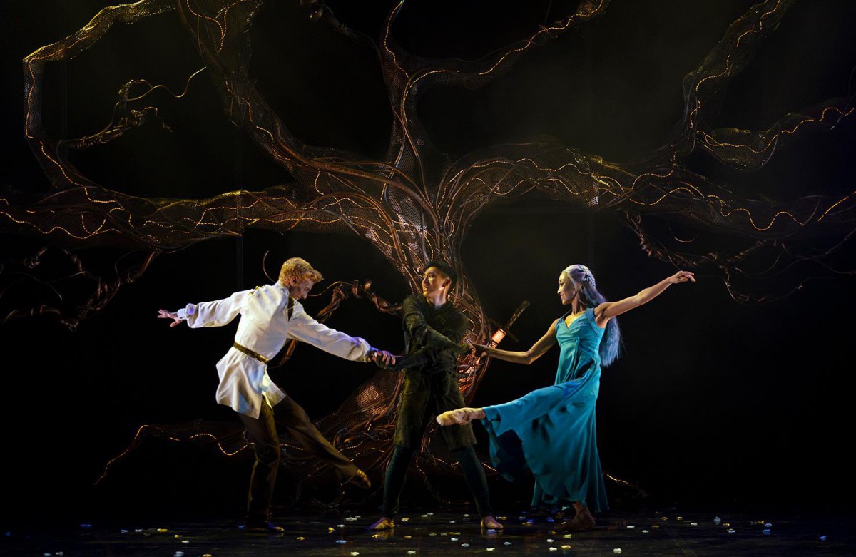 Sean Bates, Matthew Koon and Minju Kang in Merlin. Photo: Emma Kauldhar