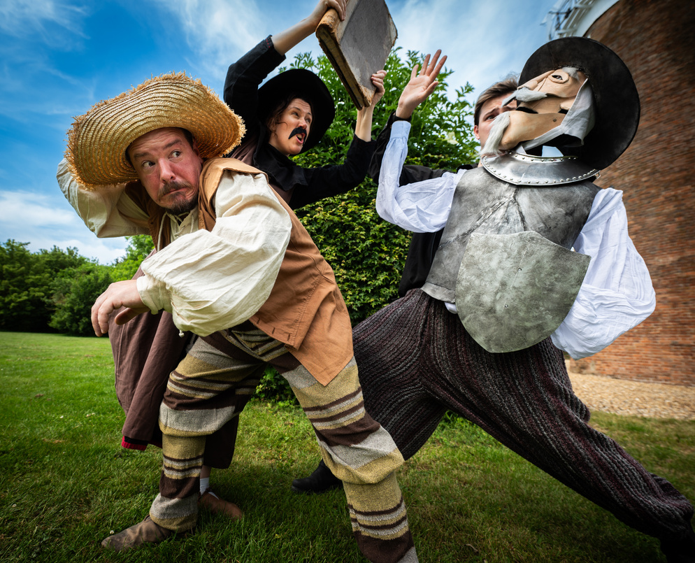 Sancho Panza (A.J. Deane), the priest (Kiara Hawker) and Don Quixote (puppeteered by Joshua Gould) - Photo: Al Pulford