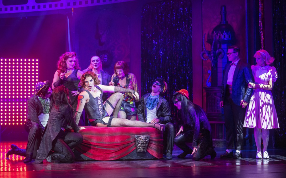 Stephen Webb as Frank-N-Furter, Richard Meek as Brad, Haley Flaherty as Janet and the rest of the cast of the Rocky Horror Show - Photo: David Freeman