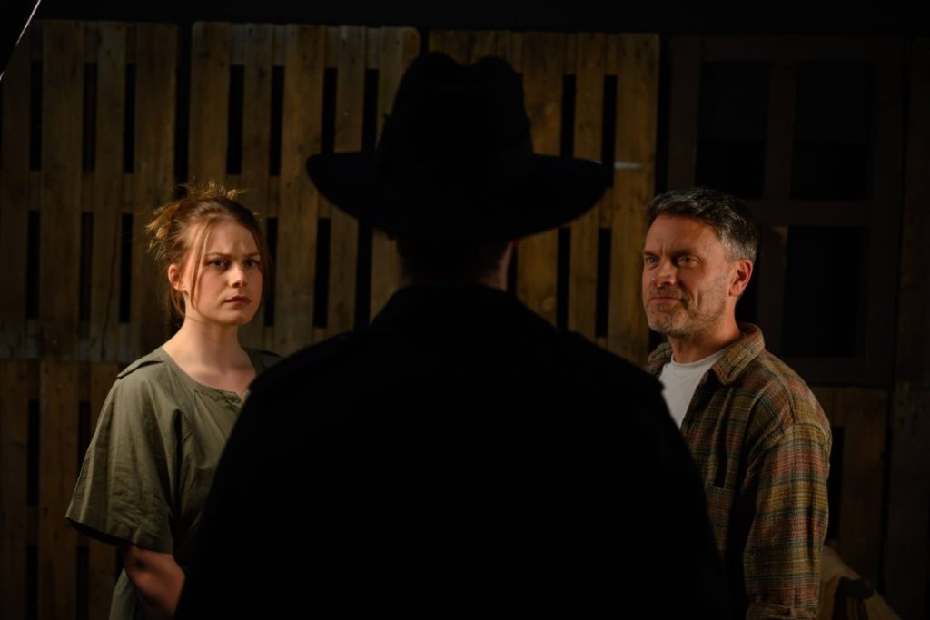 Katie Cary, John Dawson, and Gavin Bromley in Foxfinder - Photo: Barry Parsons